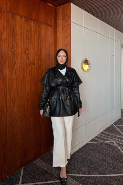 Saliha Deri Trençkot Siyah