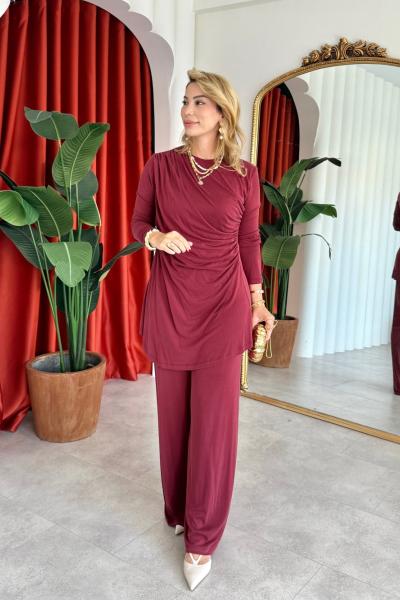 Selen Pantolonlu Takım Bordo