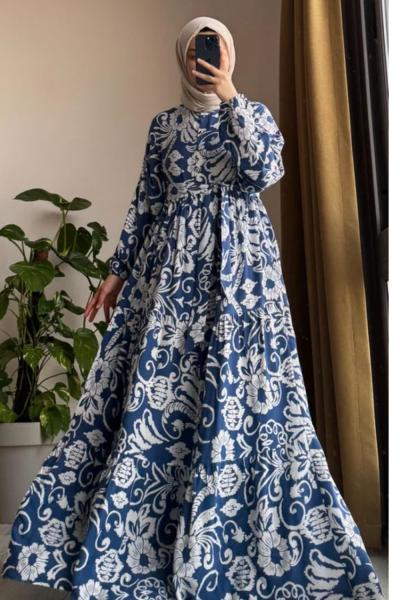 Çiçek elbise  Mavi Ekru