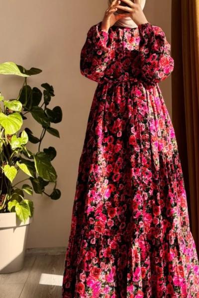 Çiçek elbise  Kırmızı Siyah