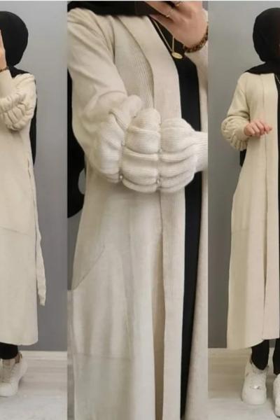 Kolu taşlı Hırka Bej