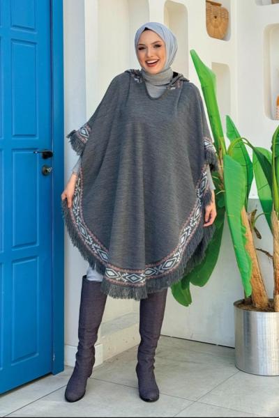 Püsküllü panço Gri