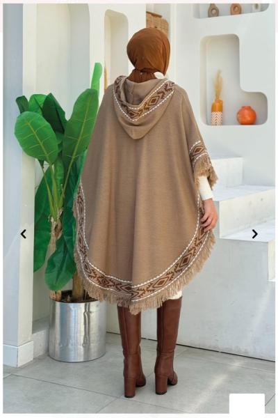 Püsküllü panço Koyu Vizon