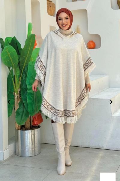 Püsküllü panço Bej