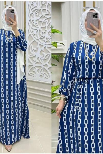 Zincir desen Elbise  Mavi